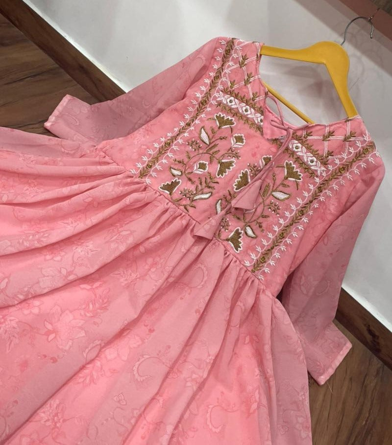 Peach georgette print and embroidered kurti