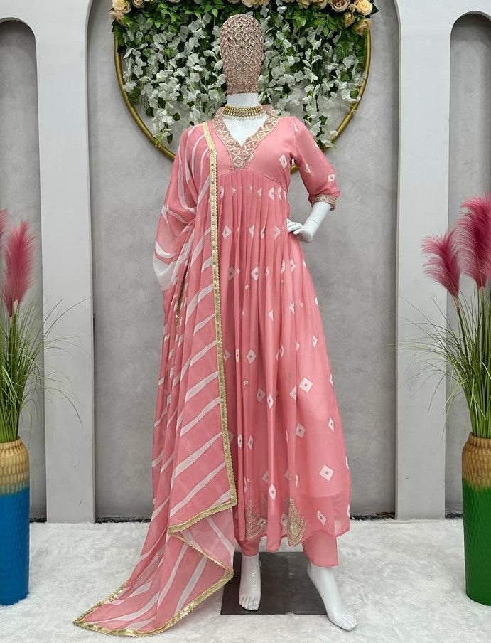Peach georgette print thread sequence work gown kurti