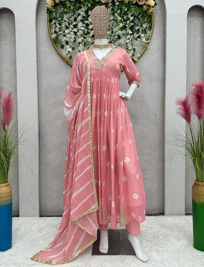 Peach georgette print thread sequence work gown kurti