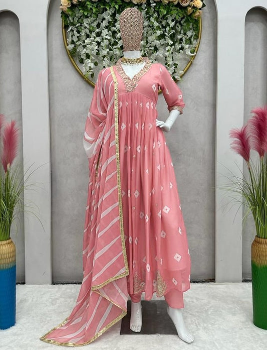 Peach georgette print thread sequence work gown kurti