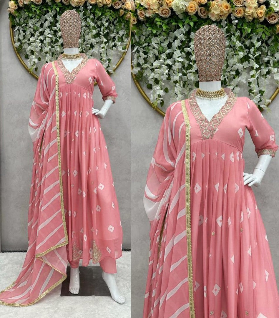 Peach georgette print thread sequence work gown kurti