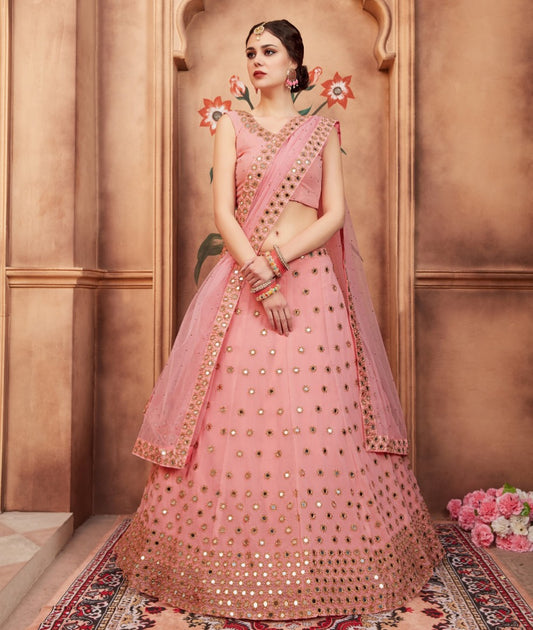 peach georgette real mirror and zari sequence work wedding lehenga choli