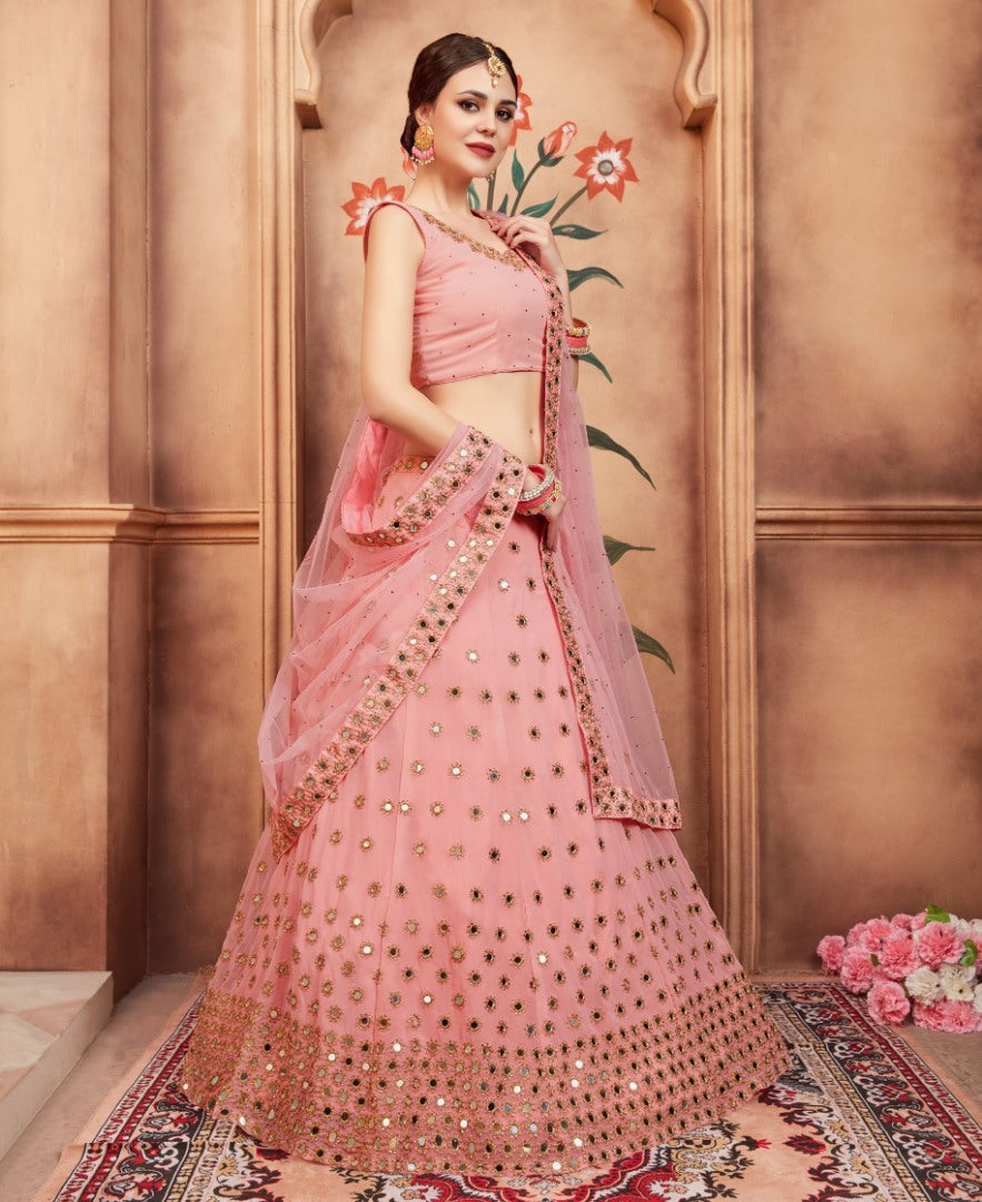 peach georgette real mirror and zari sequence work wedding lehenga choli