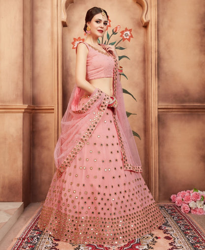 peach georgette real mirror and zari sequence work wedding lehenga choli