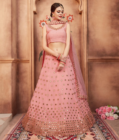 peach georgette real mirror and zari sequence work wedding lehenga choli