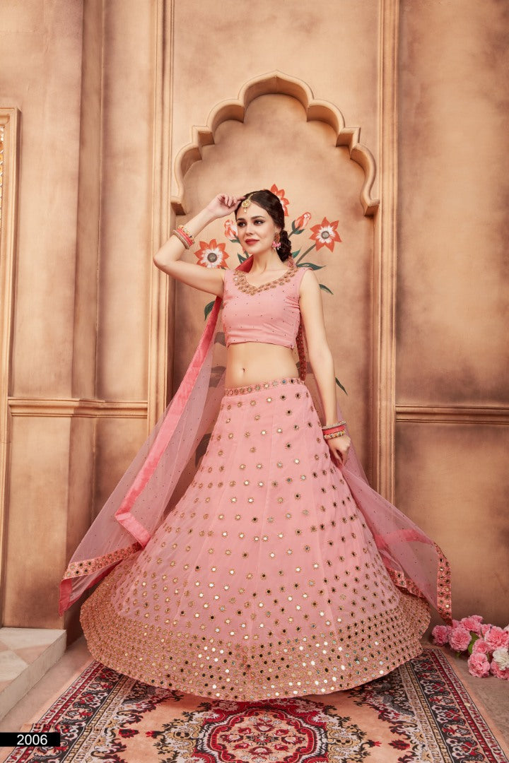peach georgette real mirror and zari sequence work wedding lehenga choli