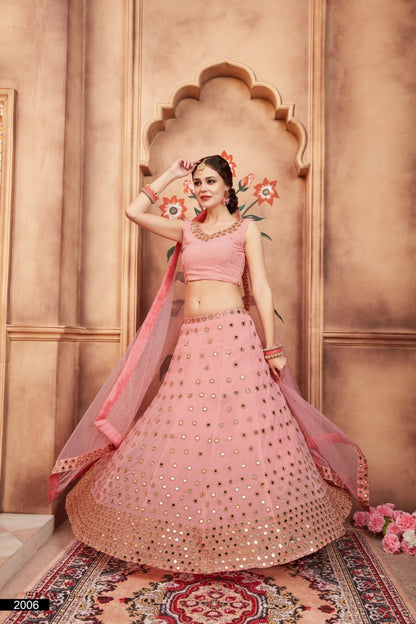 peach georgette real mirror and zari sequence work wedding lehenga choli