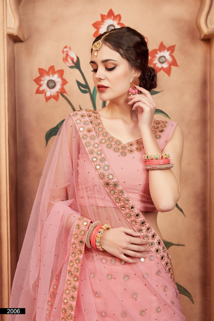 peach georgette real mirror and zari sequence work wedding lehenga choli