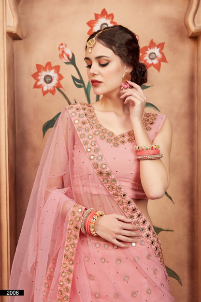 peach georgette real mirror and zari sequence work wedding lehenga choli