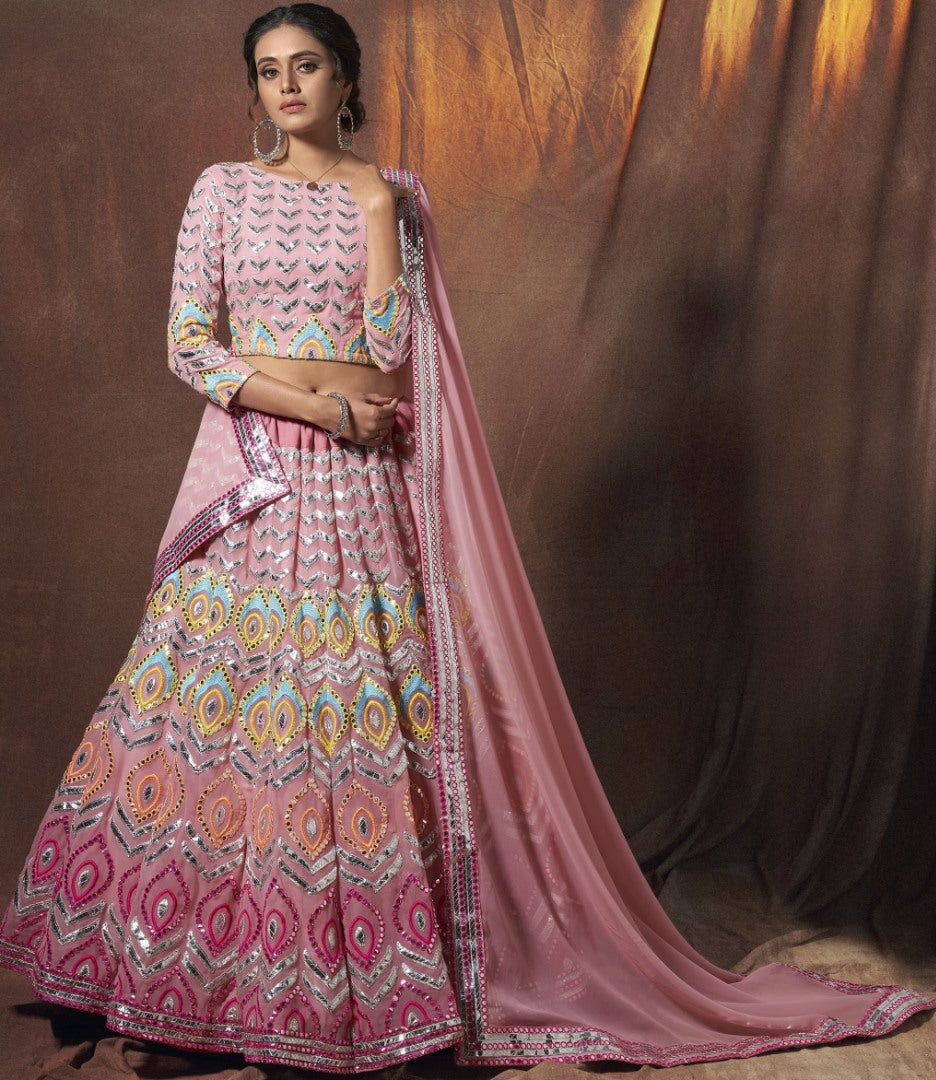 Peach georgette resham zari work ceremonial lehenga choli