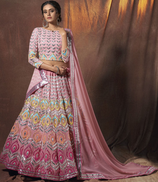 Peach georgette resham zari work ceremonial lehenga choli
