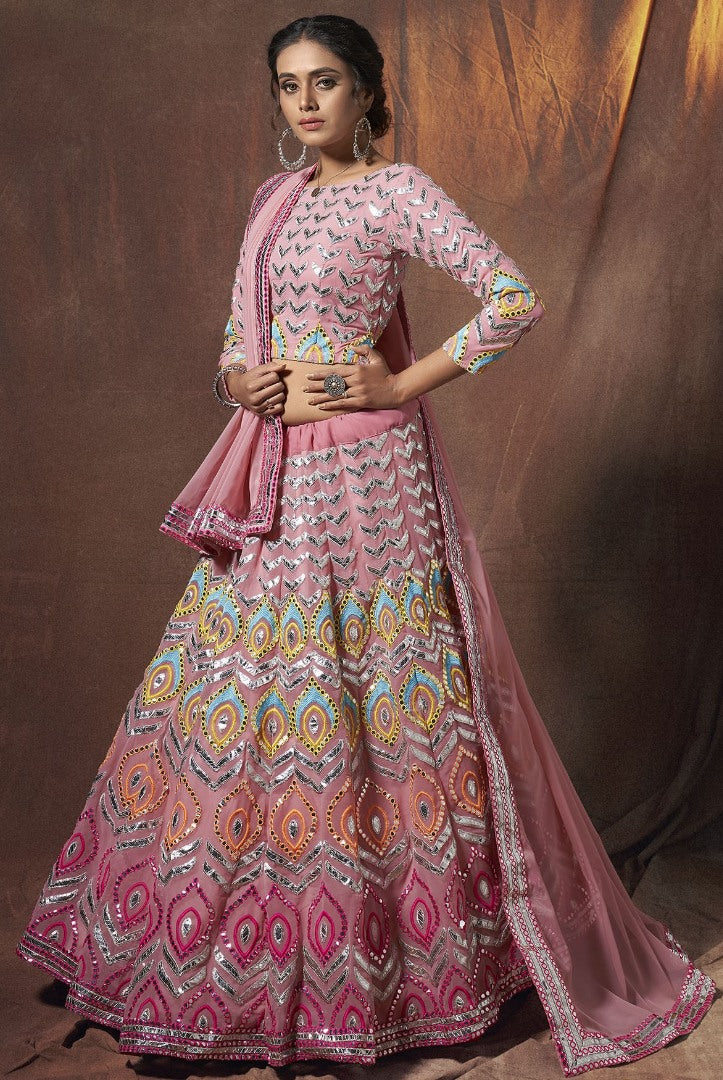 Peach georgette resham zari work ceremonial lehenga choli