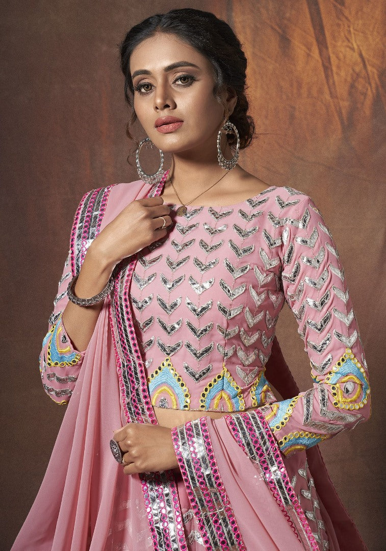 Peach georgette resham zari work ceremonial lehenga choli