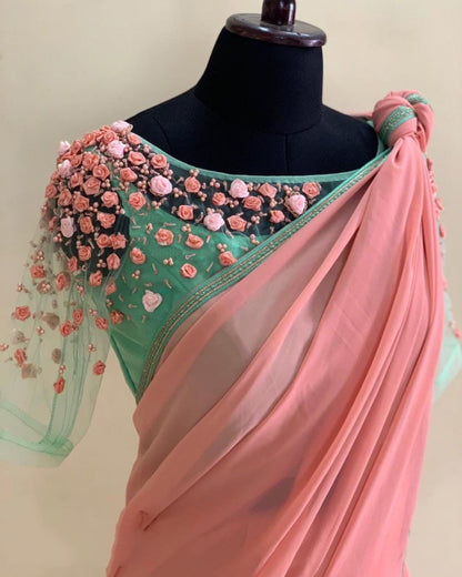 Peach georgette saree with flower work blouse