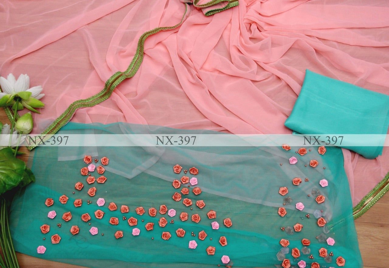 Peach georgette saree with flower work blouse