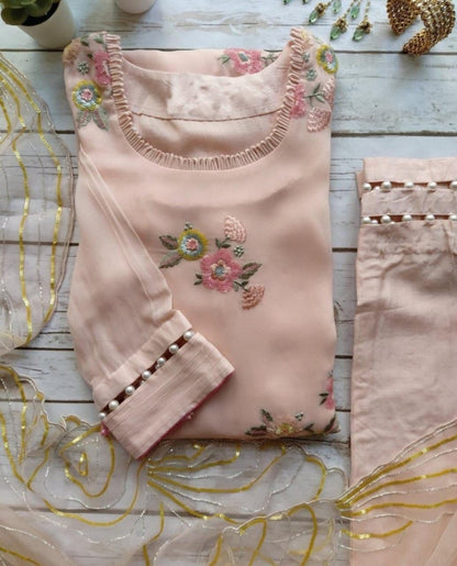 Peach georgette sequence and thread embroidered salwar suit
