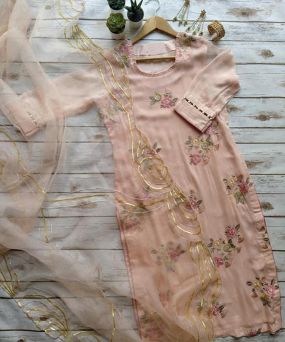 Peach georgette sequence and thread embroidered salwar suit
