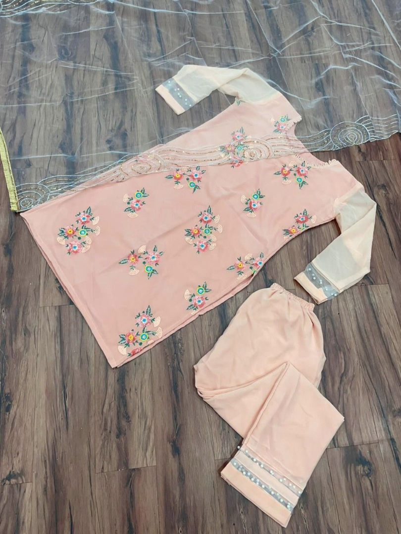 Peach georgette sequence and thread embroidered salwar suit