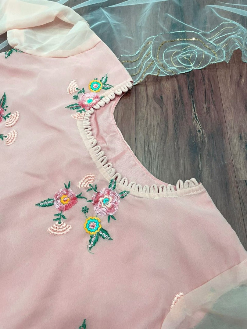 Peach georgette sequence and thread embroidered salwar suit