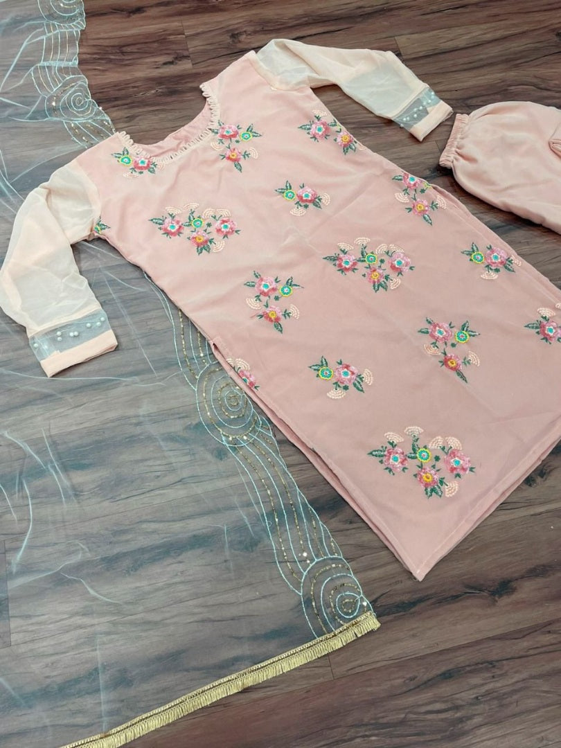 Peach georgette sequence and thread embroidered salwar suit