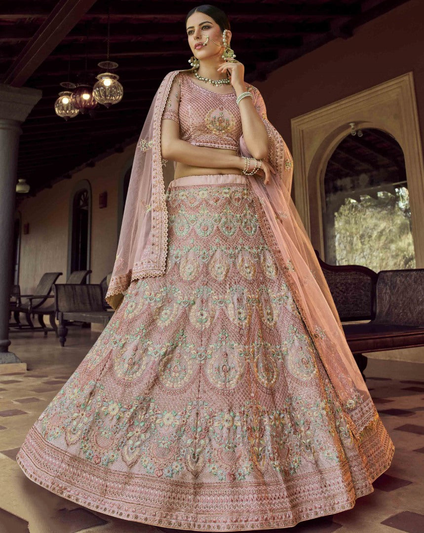 Peach georgette sequence and zari work bridal lehenga choli