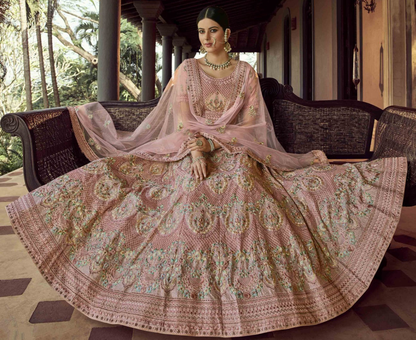 Peach georgette sequence and zari work bridal lehenga choli