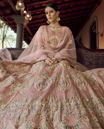 Peach georgette sequence and zari work bridal lehenga choli