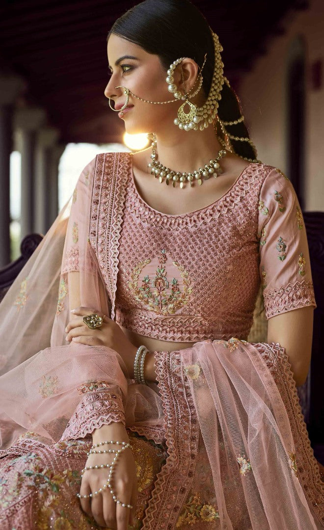 Peach georgette sequence and zari work bridal lehenga choli