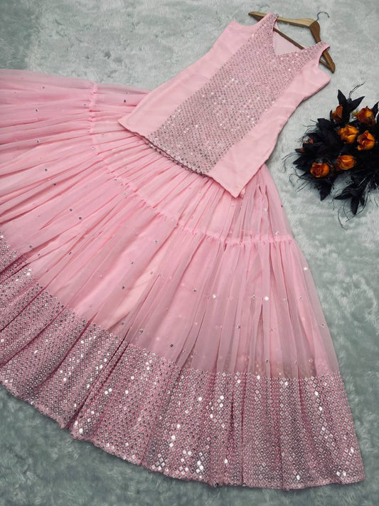 Peach georgette sequence embroidery work lehenga with long top