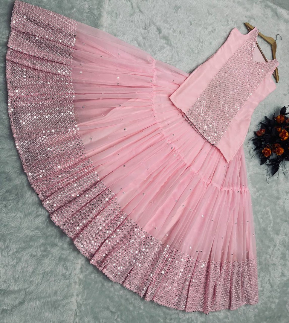 Peach georgette sequence embroidery work lehenga with long top
