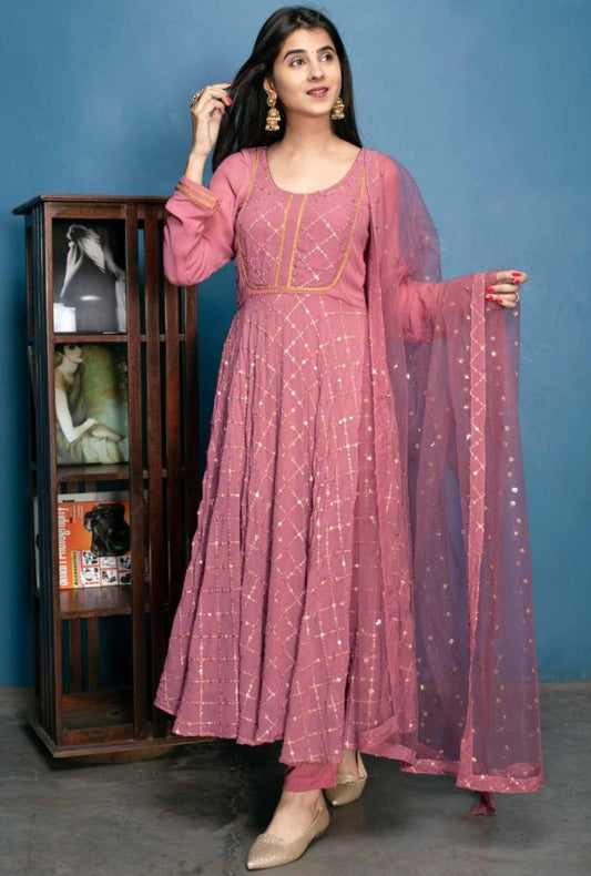 Peach georgette sequence work anarkali suit
