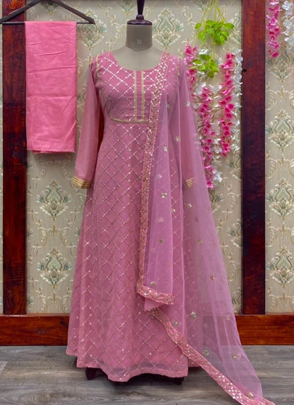 Peach georgette sequence work anarkali suit