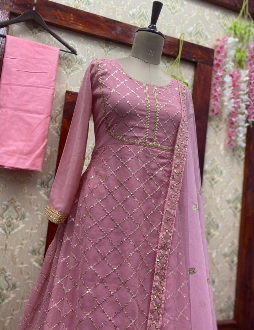 Peach georgette sequence work anarkali suit