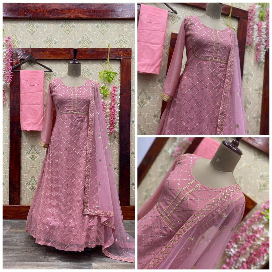 Peach georgette sequence work anarkali suit