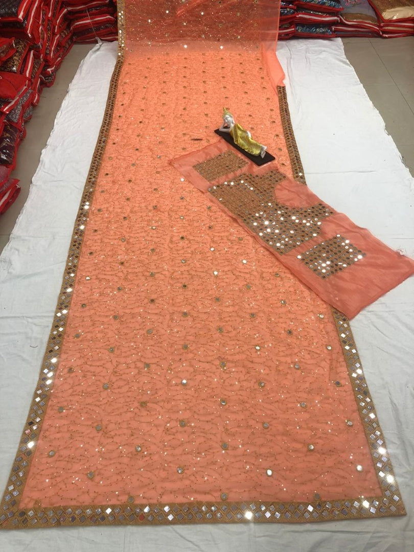 Peach georgette sequence work and acrylic mirror work designer saree
