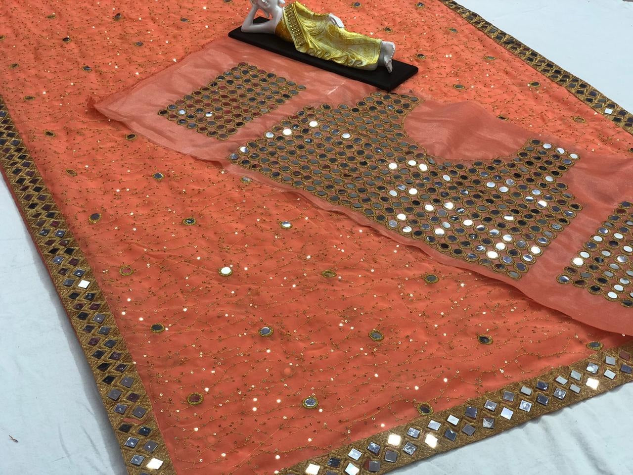 Peach georgette sequence work and acrylic mirror work designer saree