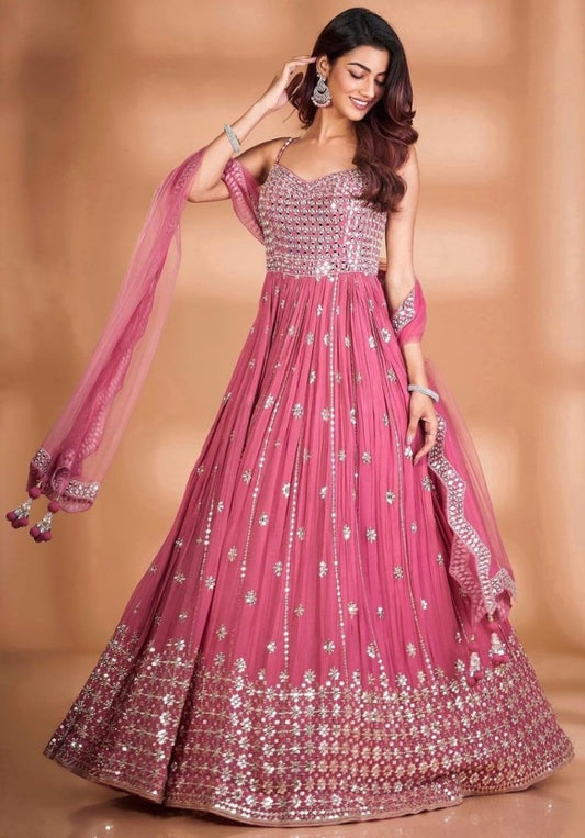 Peach georgette sequence work long anarkali gown