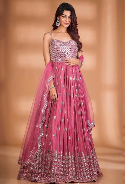 Peach georgette sequence work long anarkali gown