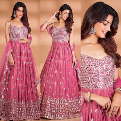 Peach georgette sequence work long anarkali gown