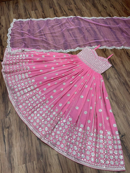 Peach georgette sequence work long anarkali gown