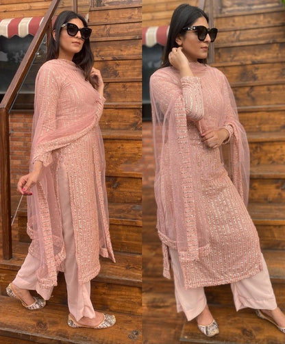Peach georgette sequence work plazzo salwar suit