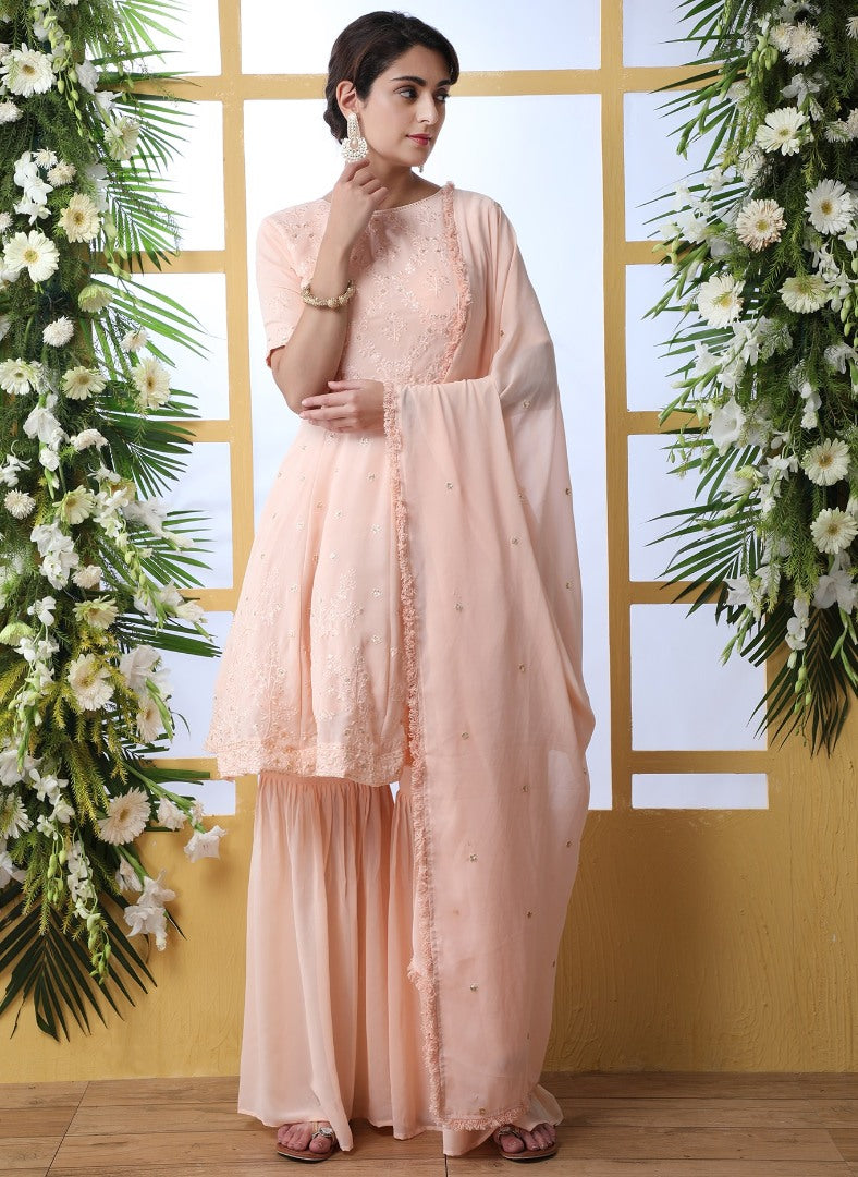 Peach georgette sharara salwar suit