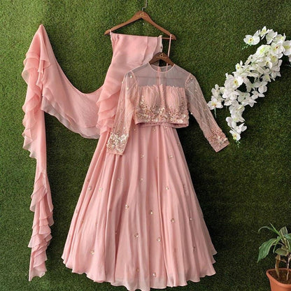 Peach georgette thread and sequence embroidered lehenga choli for ceremony
