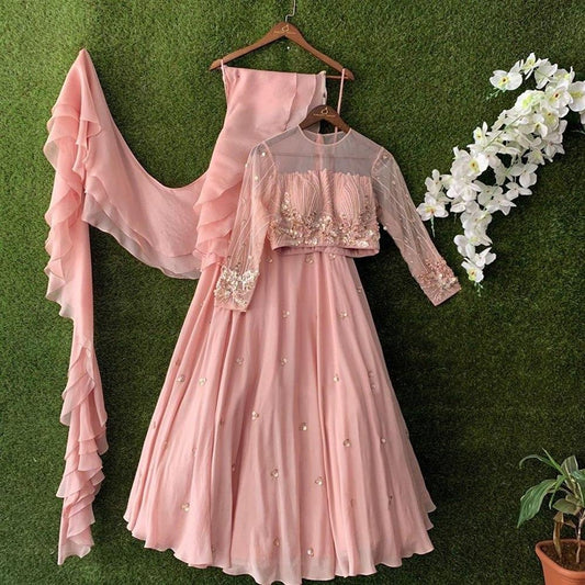 Peach georgette thread and sequence embroidered lehenga choli for ceremony
