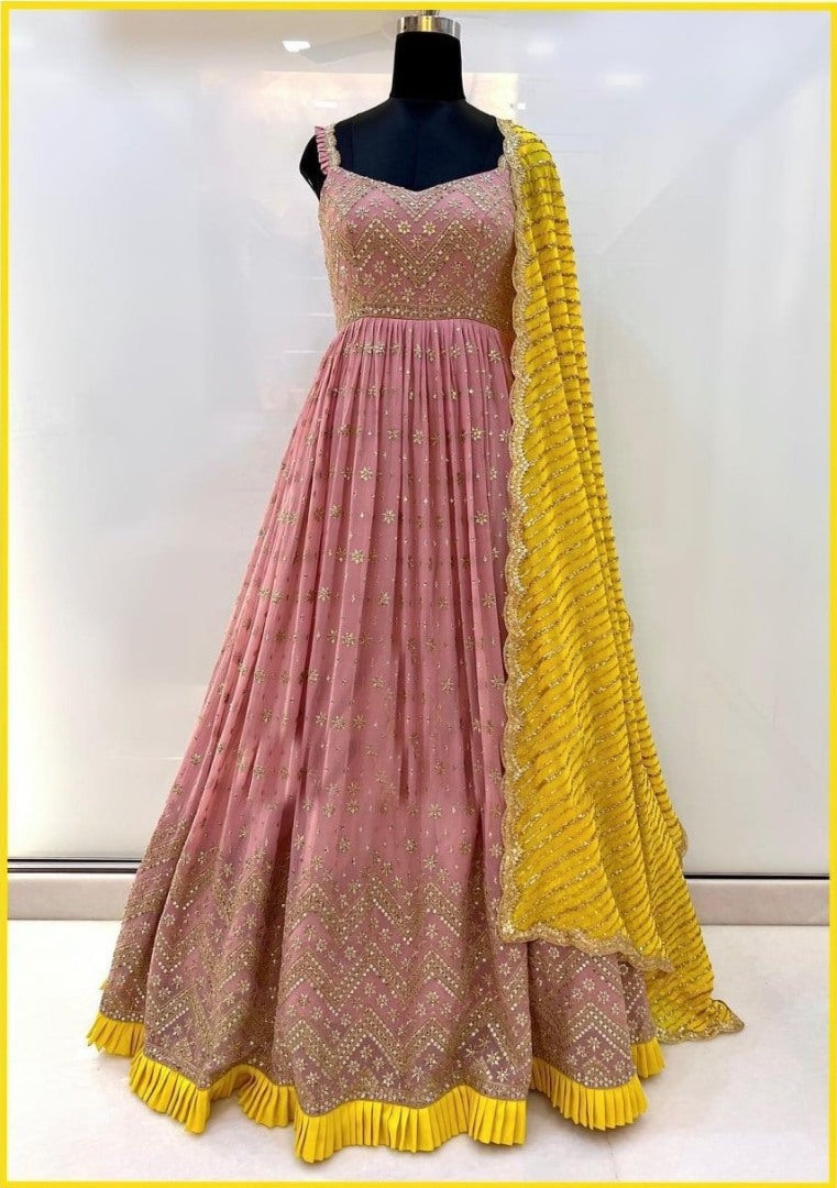 Peach georgette thread and sequence work long anarkail suit