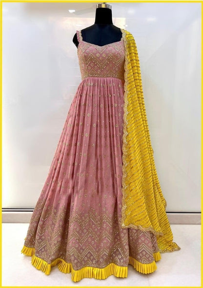 Peach georgette thread and sequence work long anarkail suit