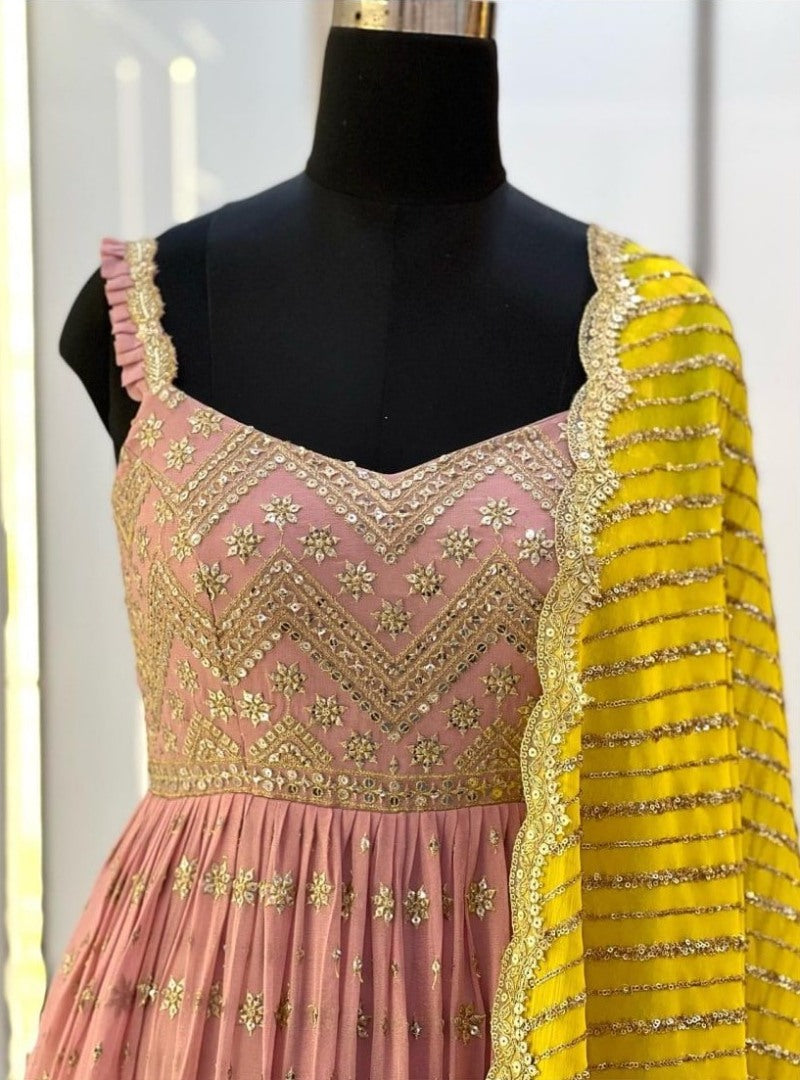 Peach georgette thread and sequence work long anarkail suit
