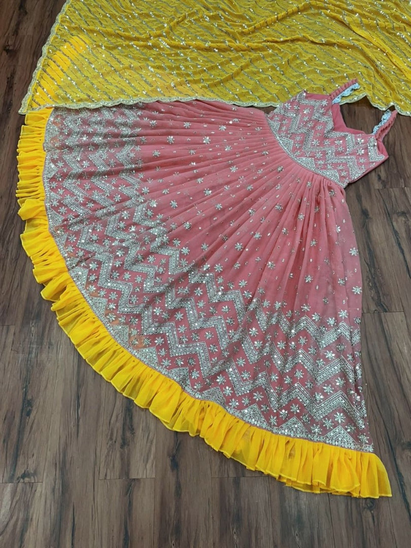 Peach georgette thread and sequence work long anarkail suit