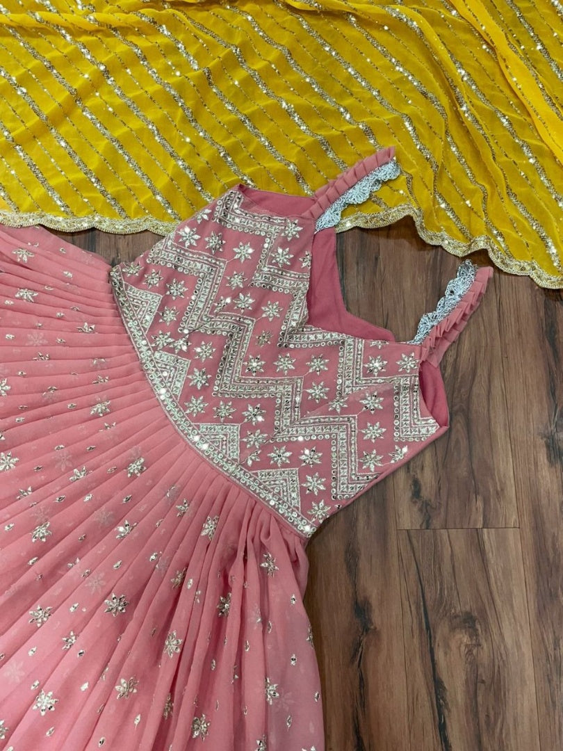 Peach georgette thread and sequence work long anarkail suit