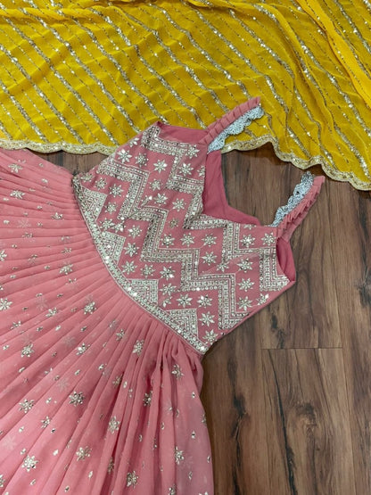 Peach georgette thread and sequence work long anarkail suit
